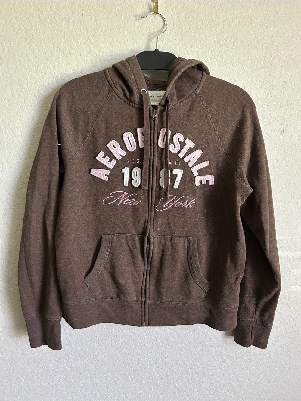 Aeropostale Brown Zip Front Hoodie with Pink Logo